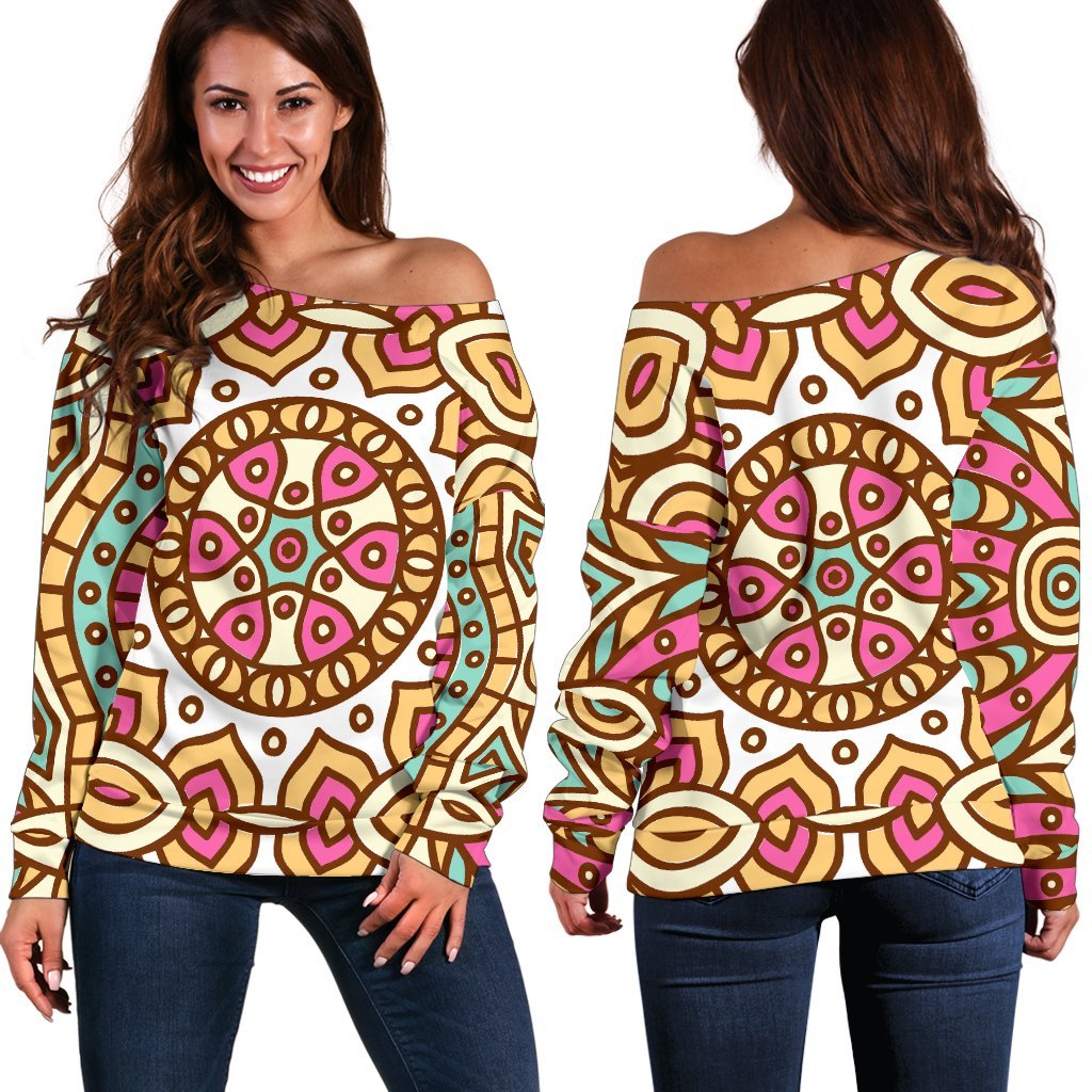 Pastel Ethnic Mandala Print Women's Off-Shoulder Sweatshirt