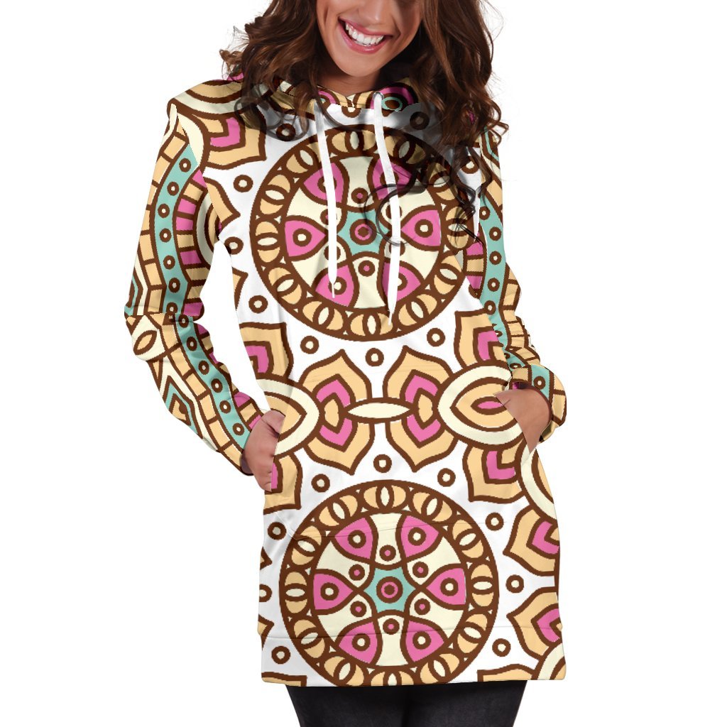 Pastel Ethnic Mandala Print Women's Pullover Hoodie Dress