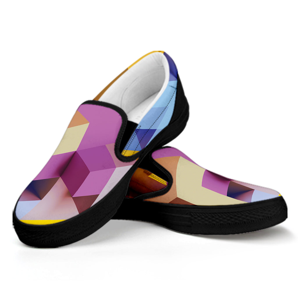 Pastel Geometric Cubic Print Black Slip On Shoes