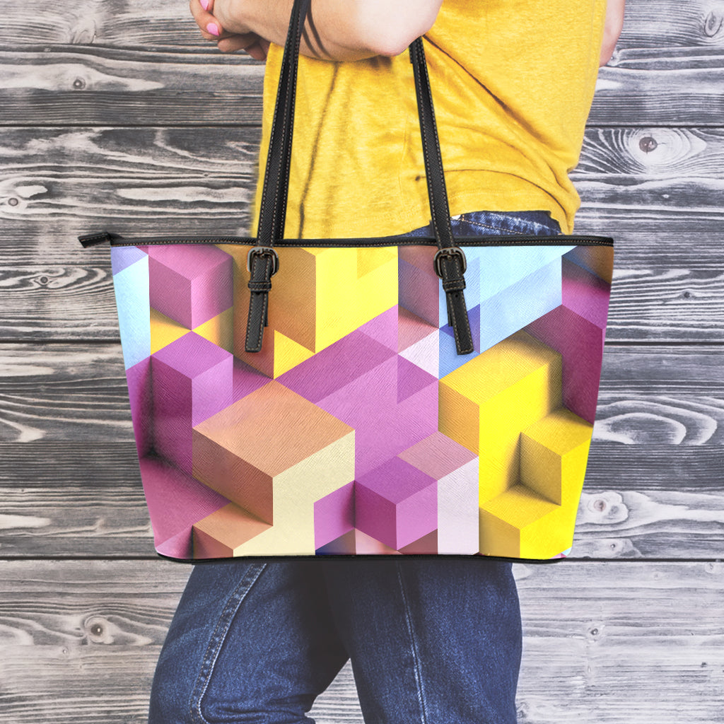 Pastel Geometric Cubic Print Leather Tote Bag