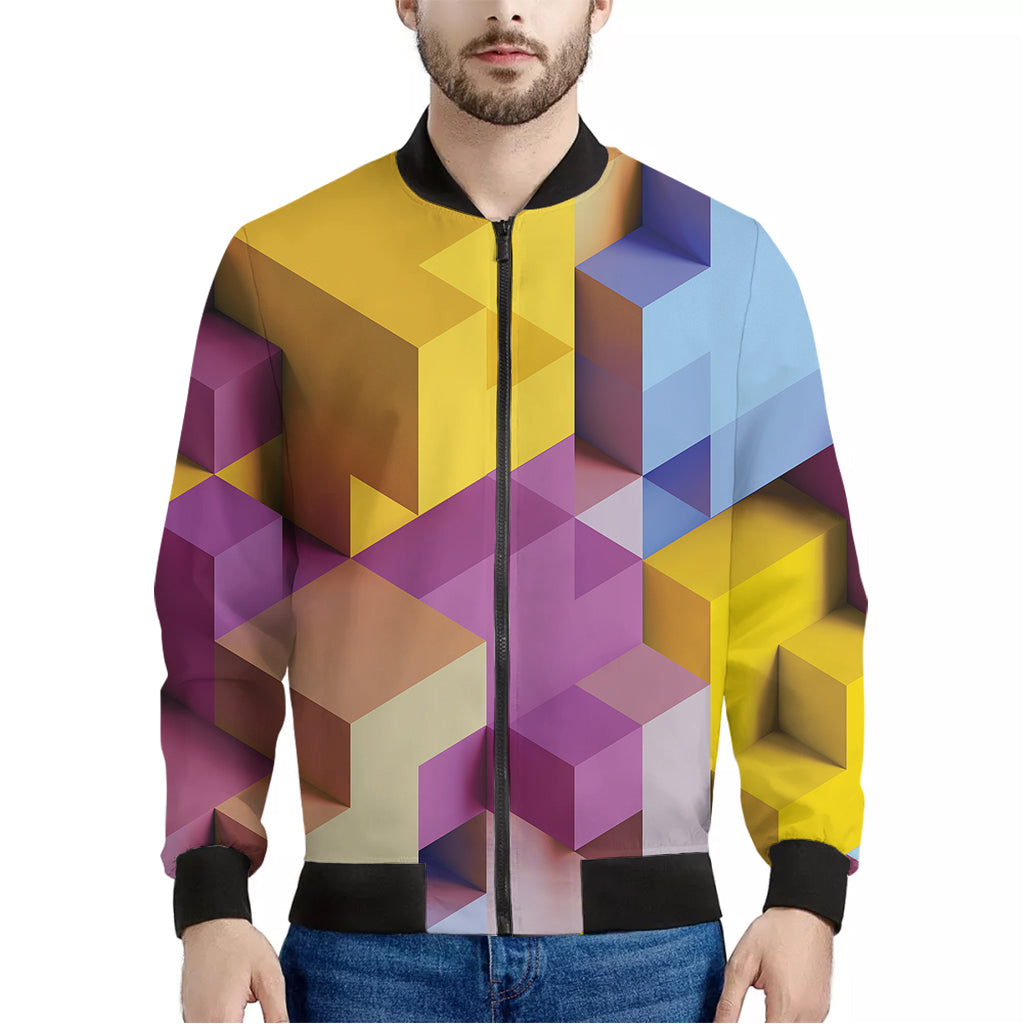 Pastel Geometric Cubic Print Men's Bomber Jacket