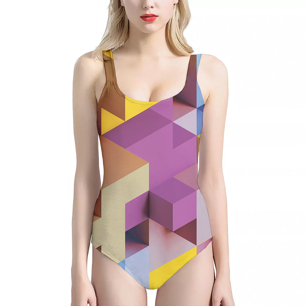 Pastel Geometric Cubic Print One Piece Halter Neck Swimsuit