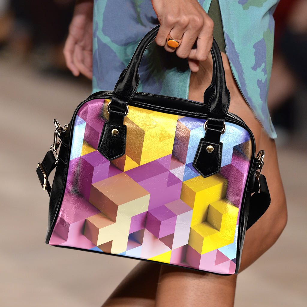 Pastel Geometric Cubic Print Shoulder Handbag