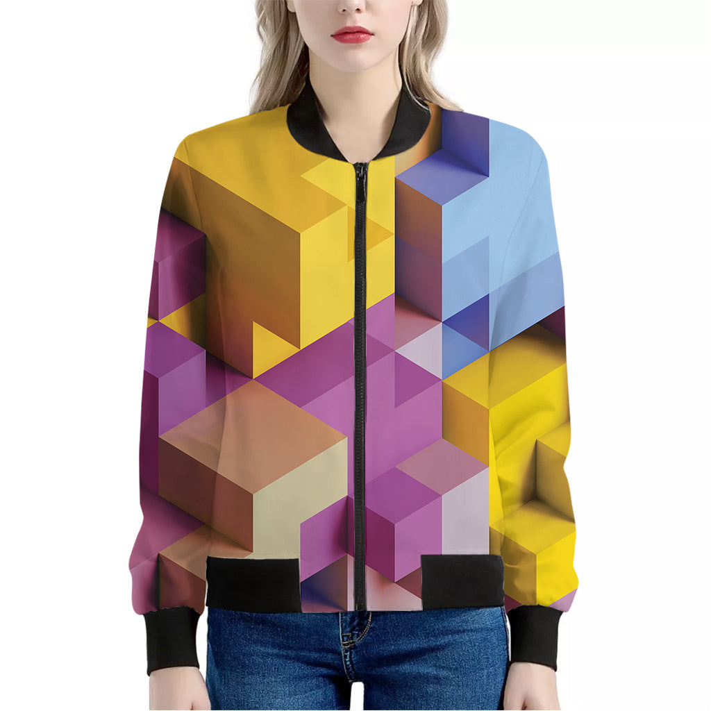 Pastel Geometric Cubic Print Women's Bomber Jacket