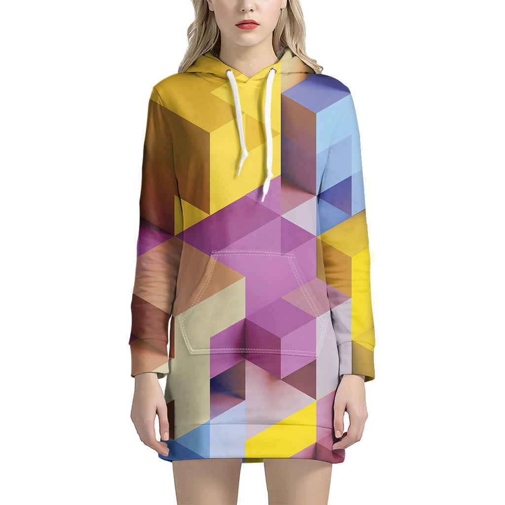 Pastel Geometric Cubic Print Women's Pullover Hoodie Dress