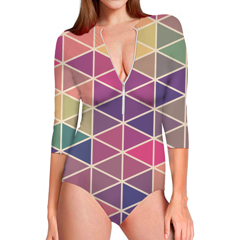 Pastel Geometric Shape Pattern Print Long Sleeve One Piece Swimsuit