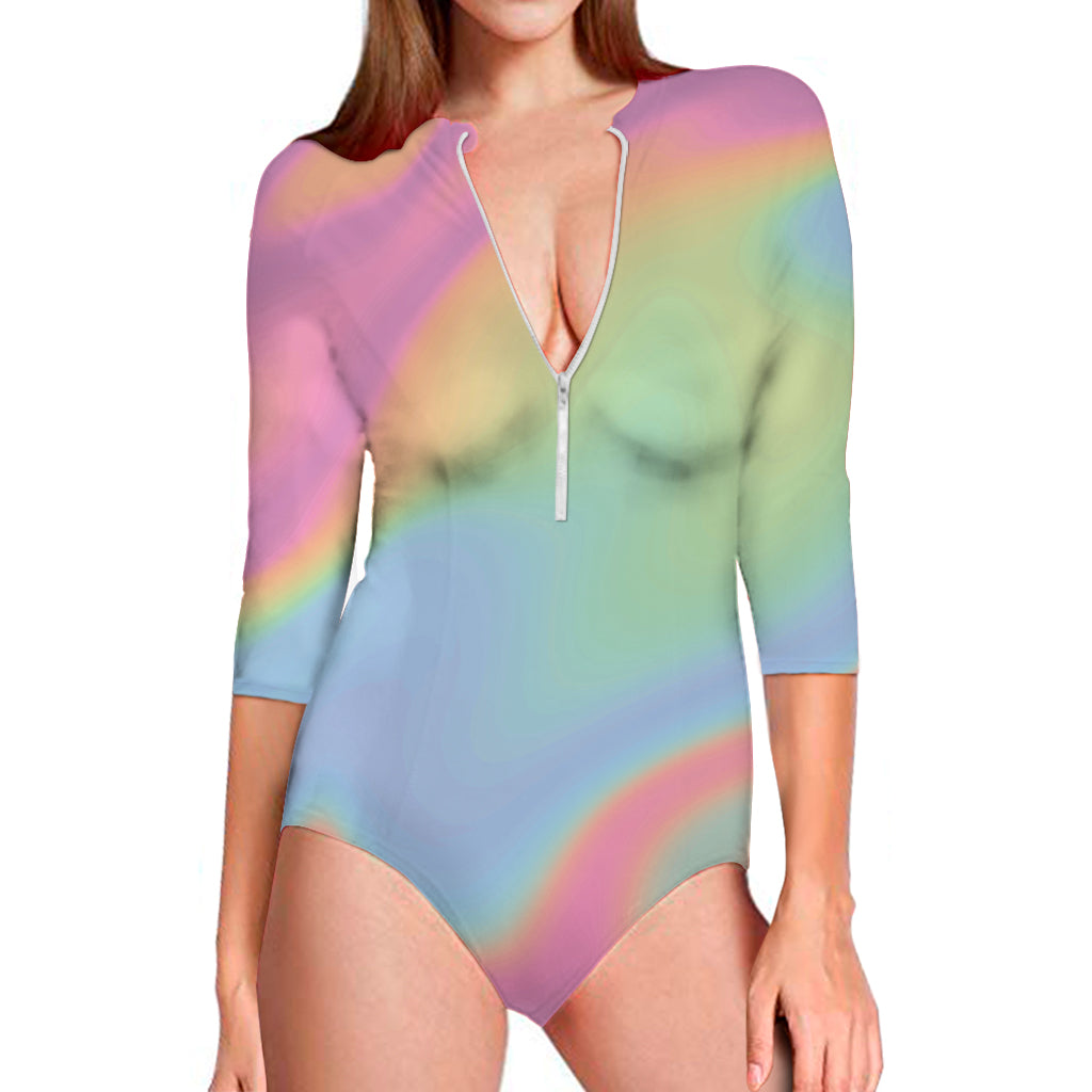 Pastel Holographic Print Long Sleeve One Piece Swimsuit