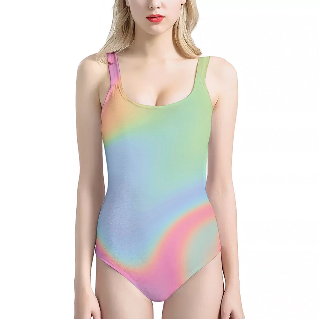 Pastel Holographic Print One Piece Halter Neck Swimsuit