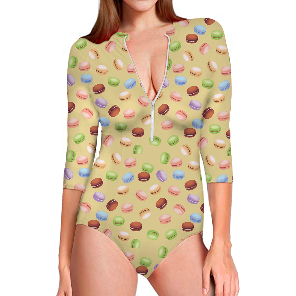 Pastel Macaron Pattern Print Long Sleeve One Piece Swimsuit