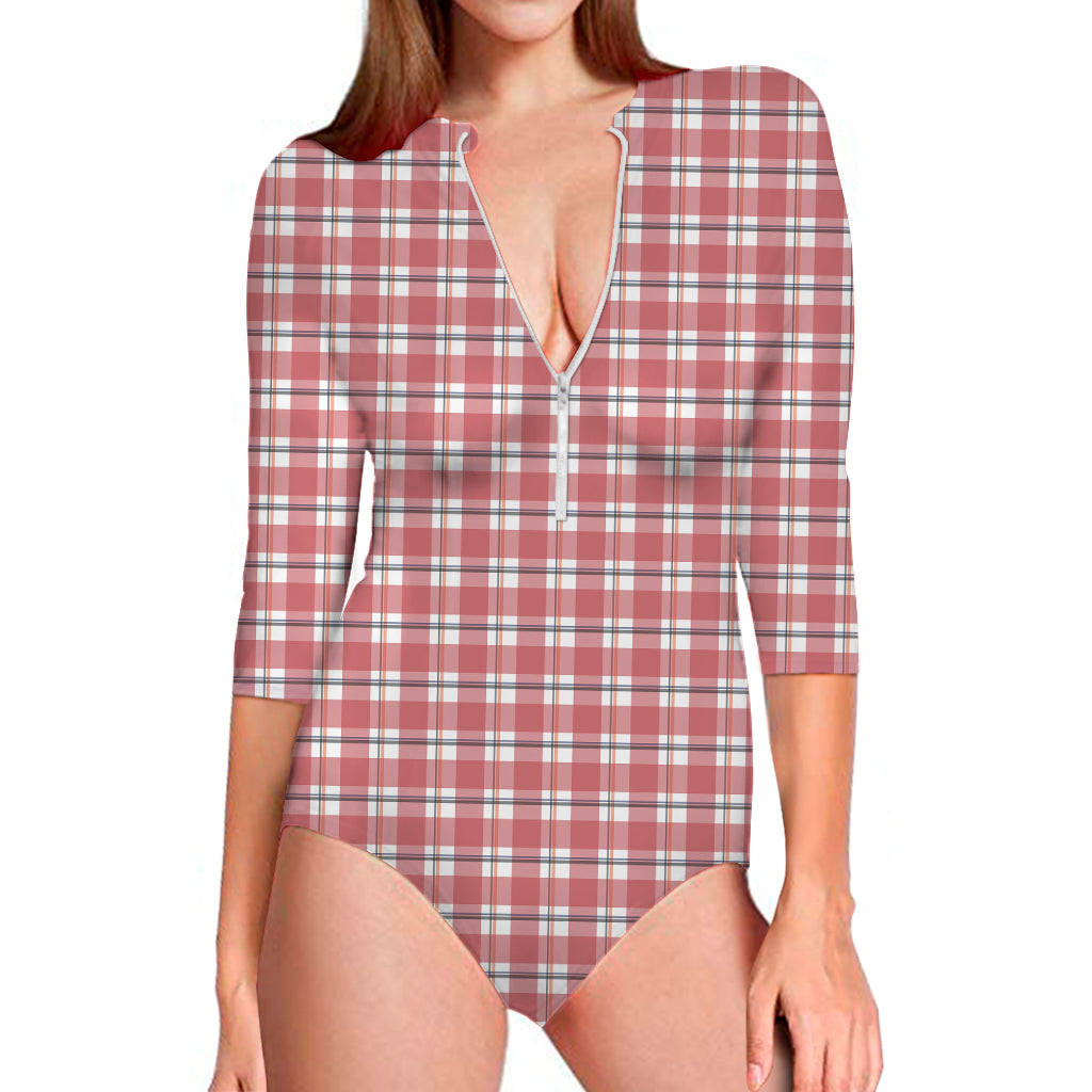 Pastel Madras Pattern Print Long Sleeve One Piece Swimsuit