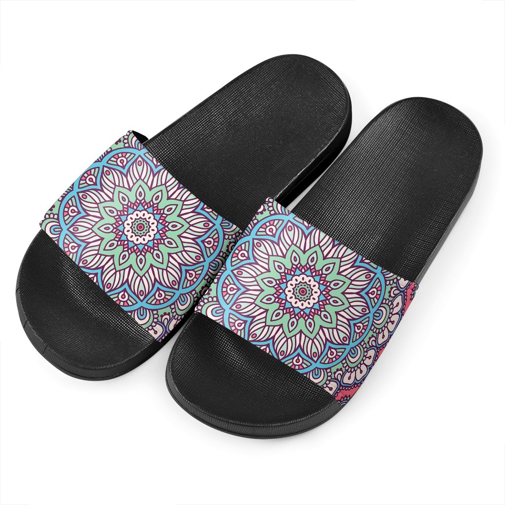 Pastel Mandala Bohemian Pattern Print Black Slide Sandals