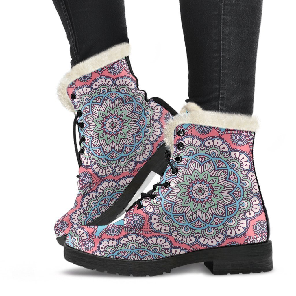 Pastel Mandala Bohemian Pattern Print Faux Fur Leather Boots