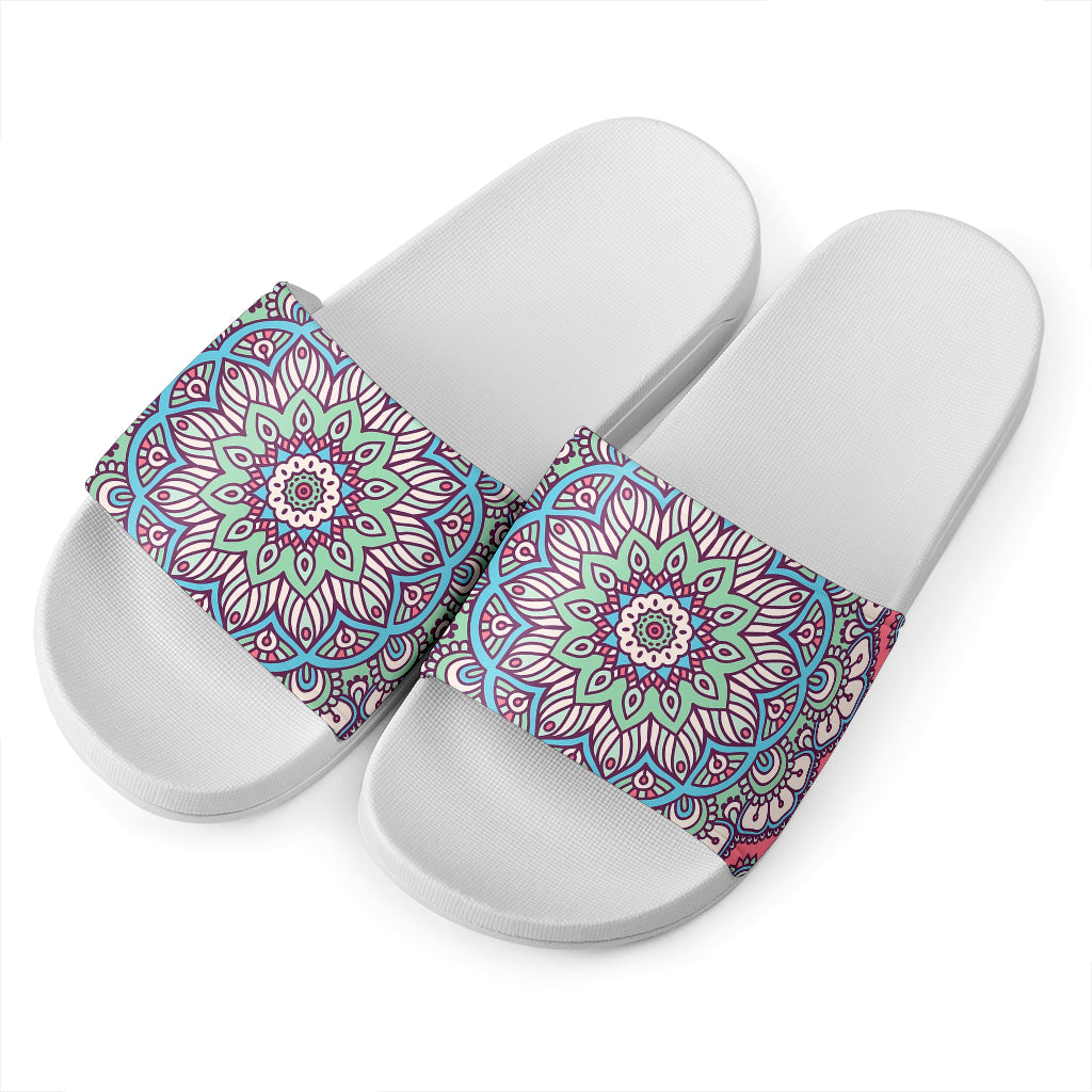 Pastel Mandala Bohemian Pattern Print White Slide Sandals