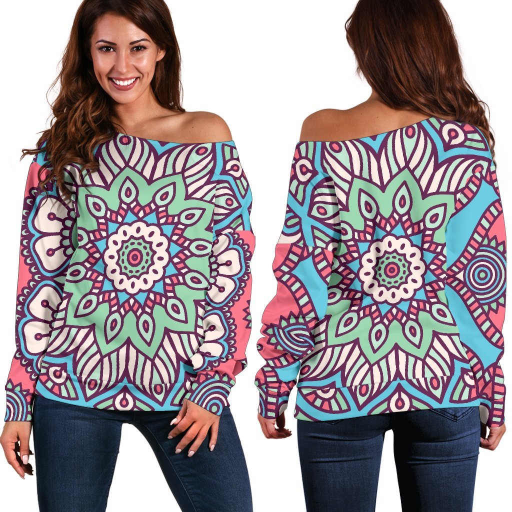 Pastel Mandala Bohemian Pattern Print Women's Off-Shoulder Sweatshirt