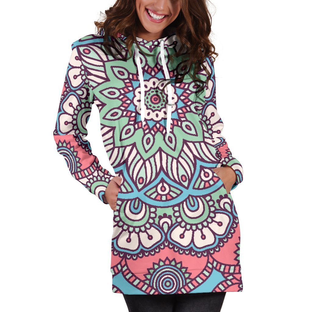 Pastel Mandala Bohemian Pattern Print Women's Pullover Hoodie Dress