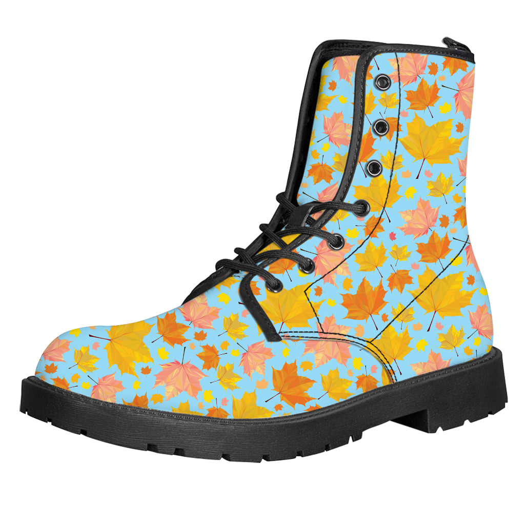 Pastel Maple Leaves Pattern Print Leather Boots