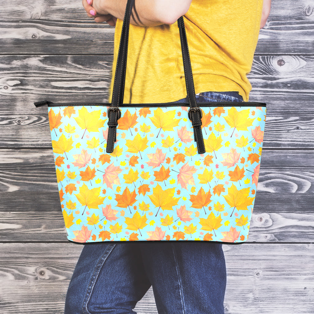 Pastel Maple Leaves Pattern Print Leather Tote Bag