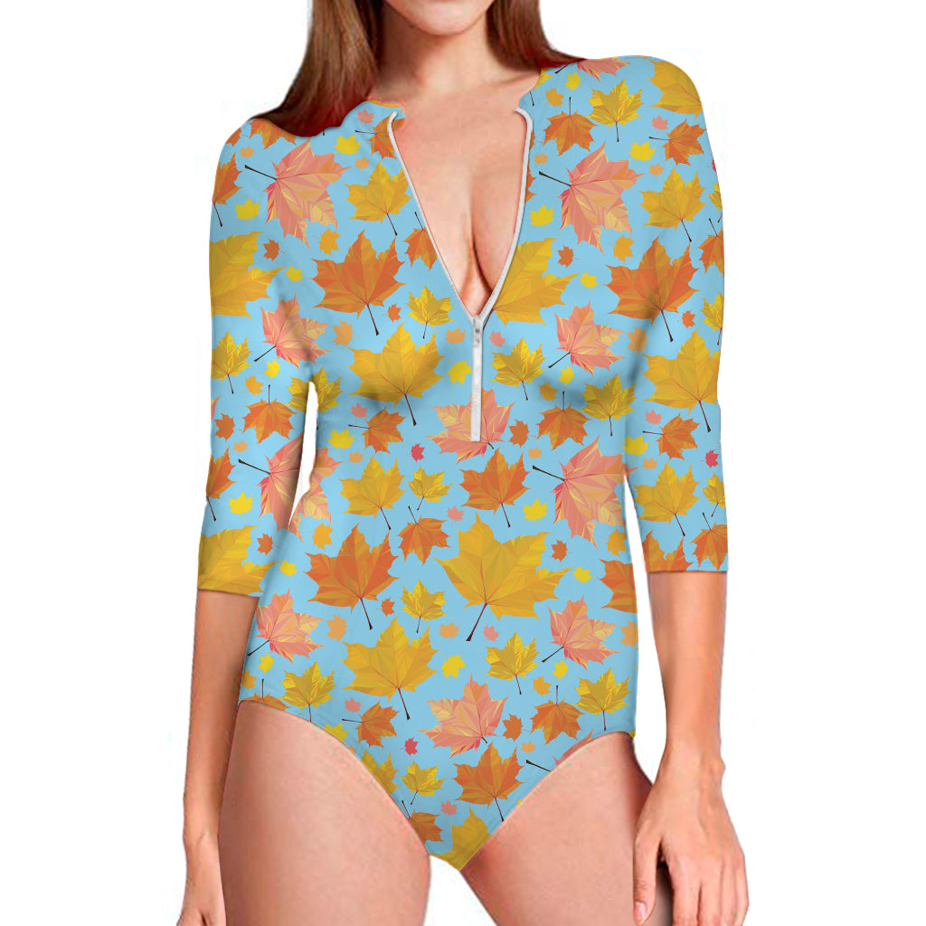 Pastel Maple Leaves Pattern Print Long Sleeve One Piece Swimsuit