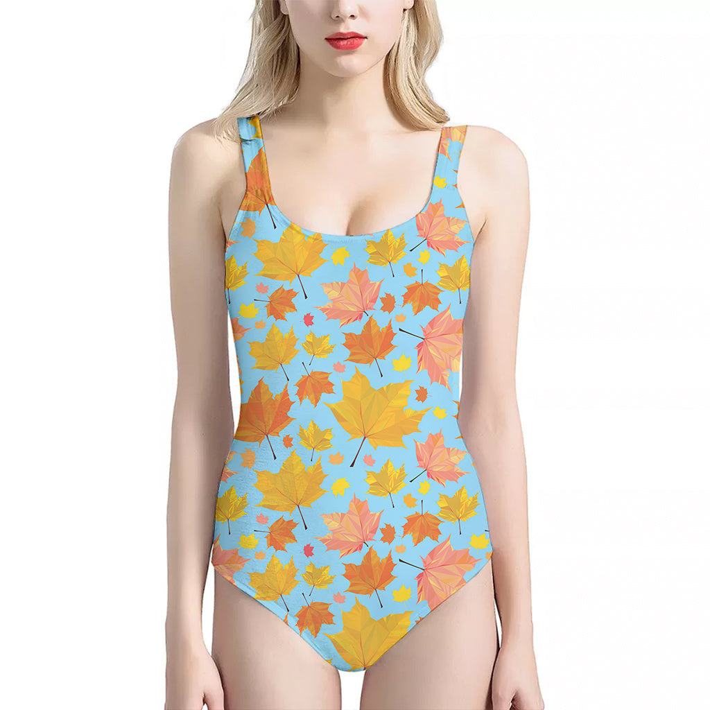 Pastel Maple Leaves Pattern Print One Piece Halter Neck Swimsuit