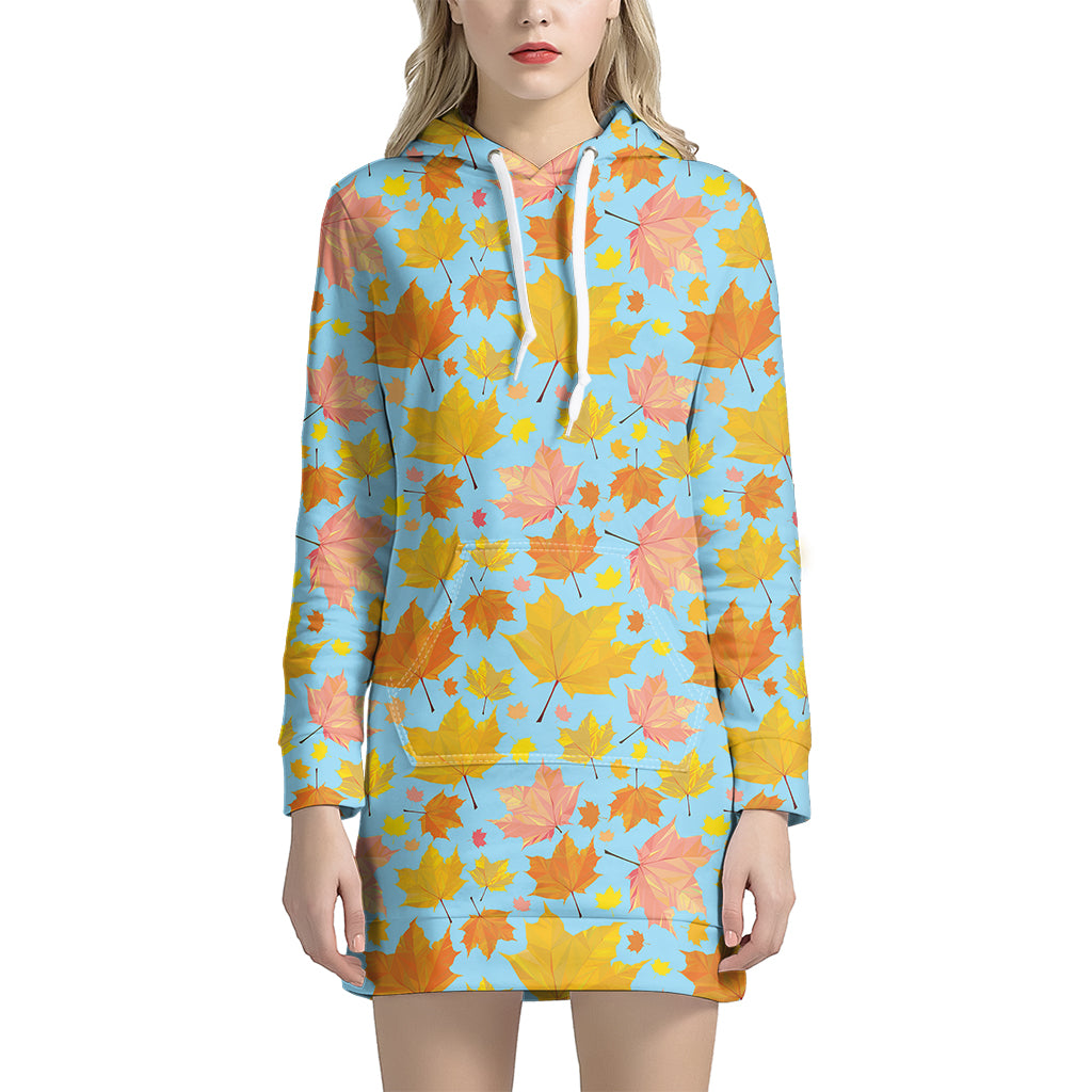 Pastel Maple Leaves Pattern Print Women's Pullover Hoodie Dress