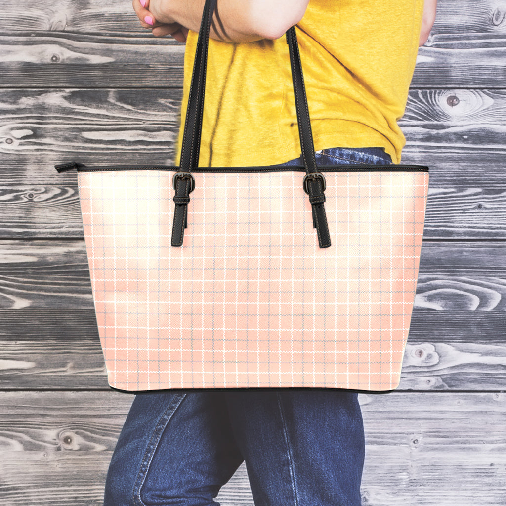 Pastel Orange Tattersall Pattern Print Leather Tote Bag