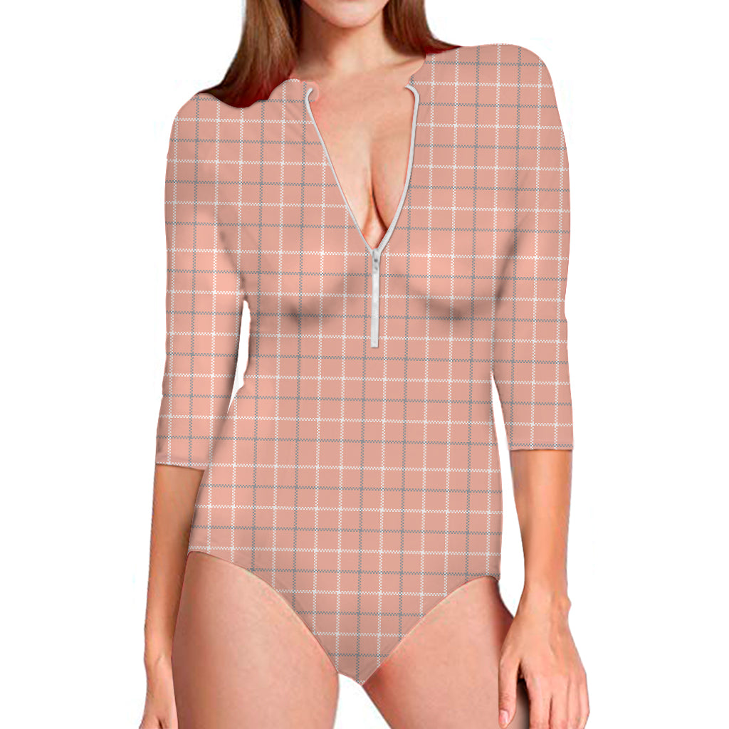 Pastel Orange Tattersall Pattern Print Long Sleeve One Piece Swimsuit