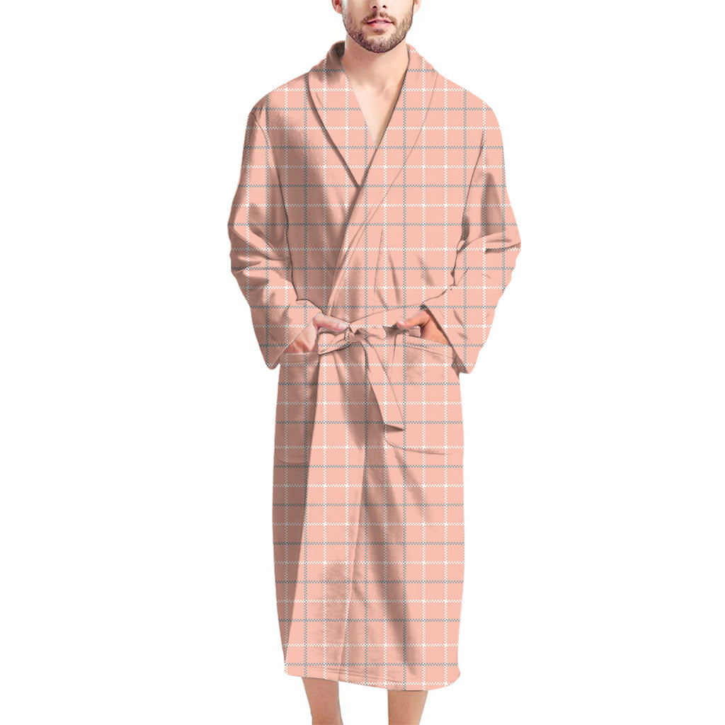 Pastel Orange Tattersall Pattern Print Men's Bathrobe