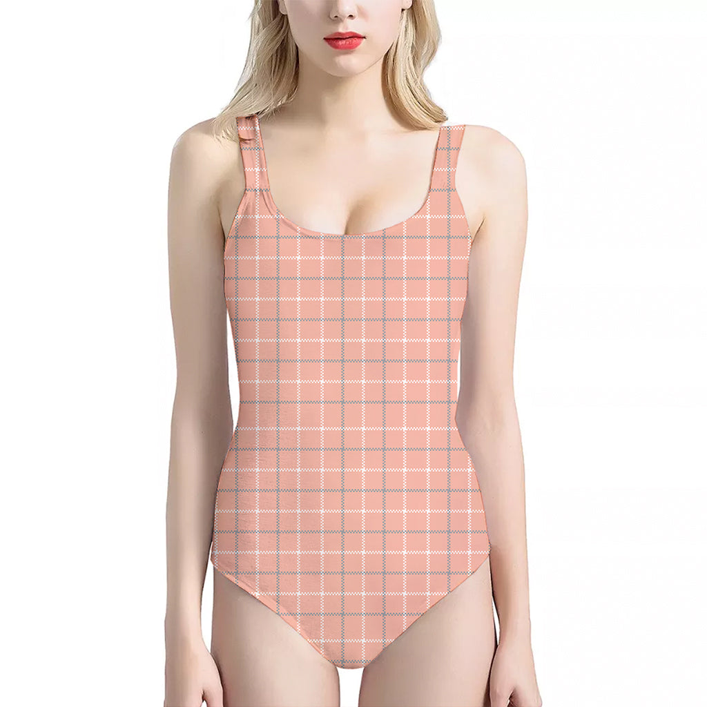 Pastel Orange Tattersall Pattern Print One Piece Halter Neck Swimsuit