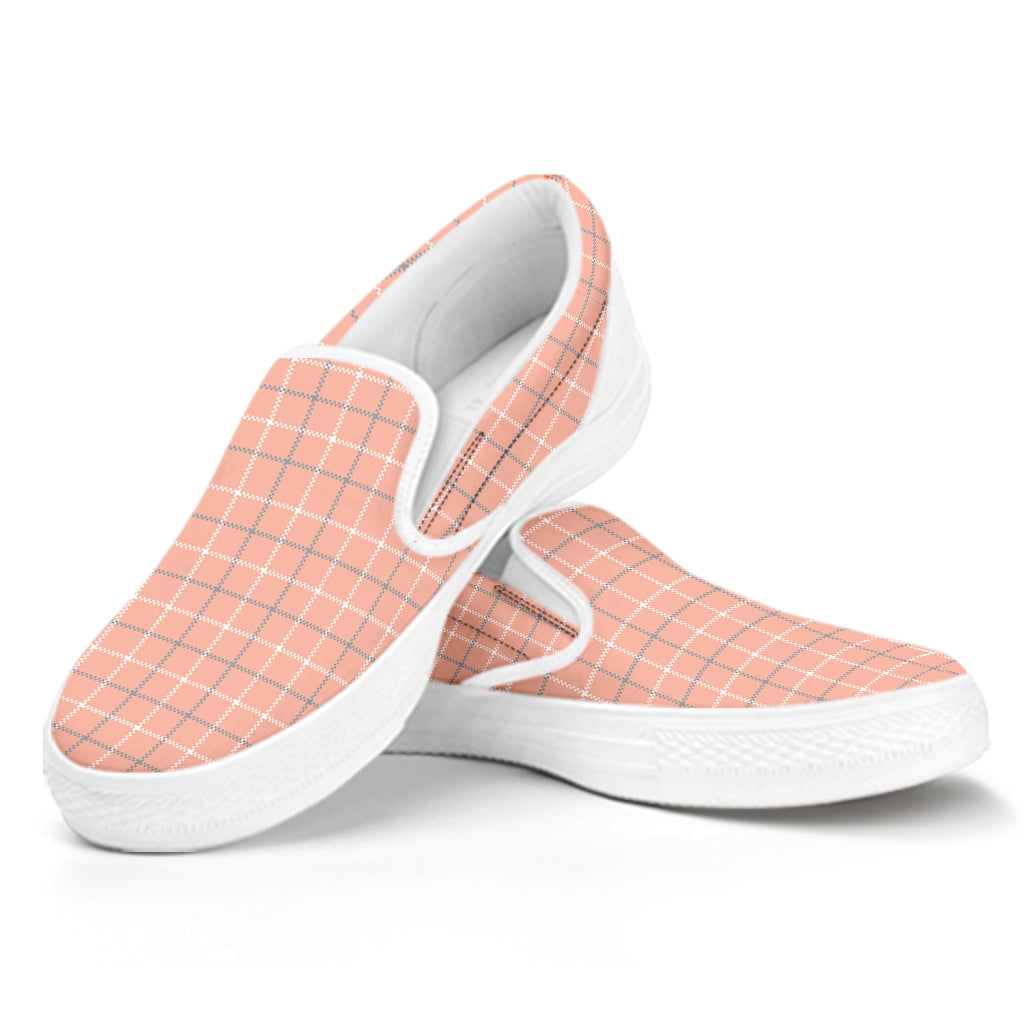 Pastel Orange Tattersall Pattern Print White Slip On Shoes