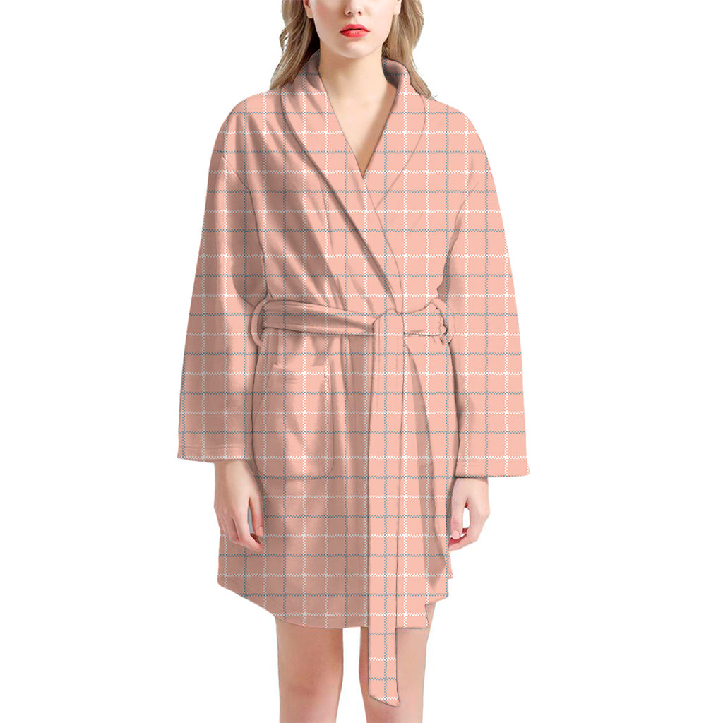 Pastel Orange Tattersall Pattern Print Women's Bathrobe