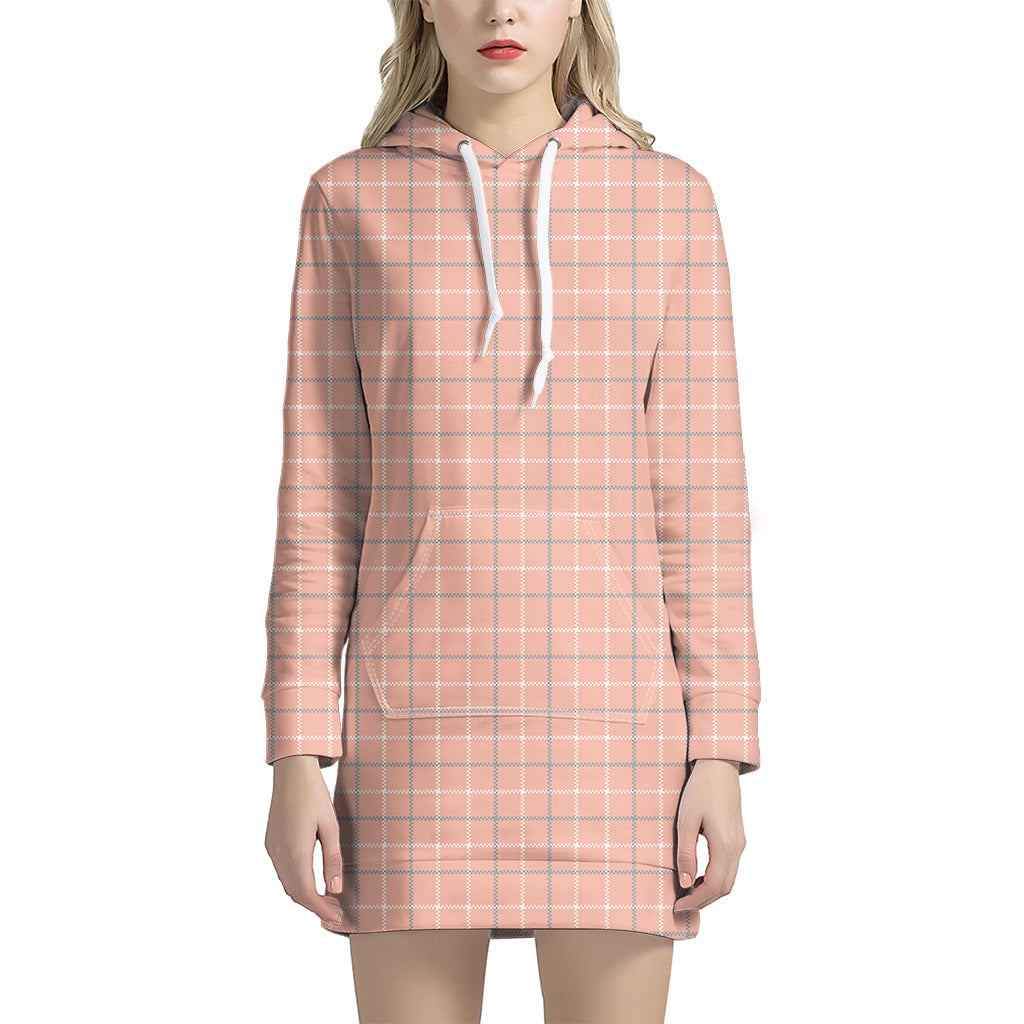 Pastel Orange Tattersall Pattern Print Women's Pullover Hoodie Dress