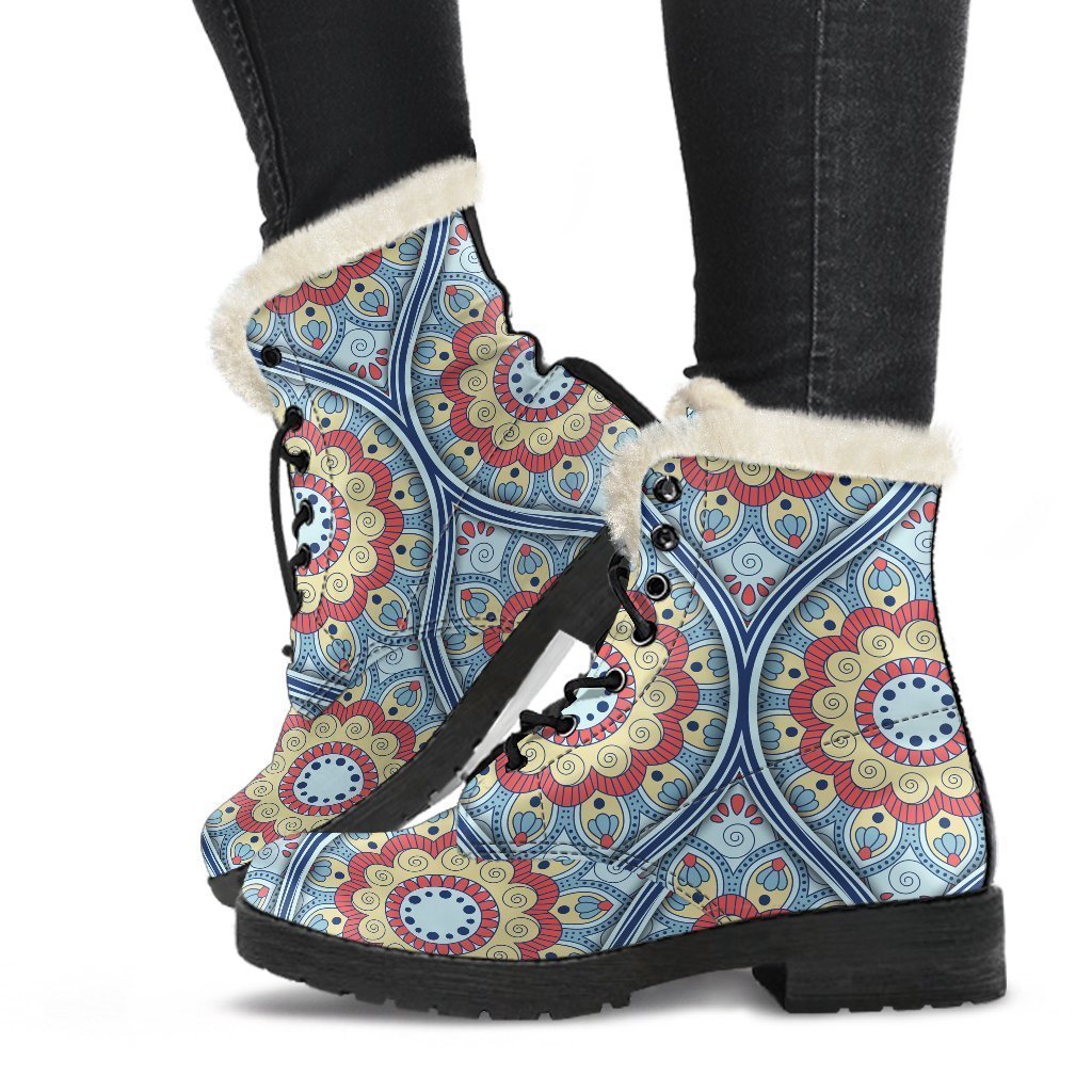 Pastel Ornament Mandala Print Faux Fur Leather Boots