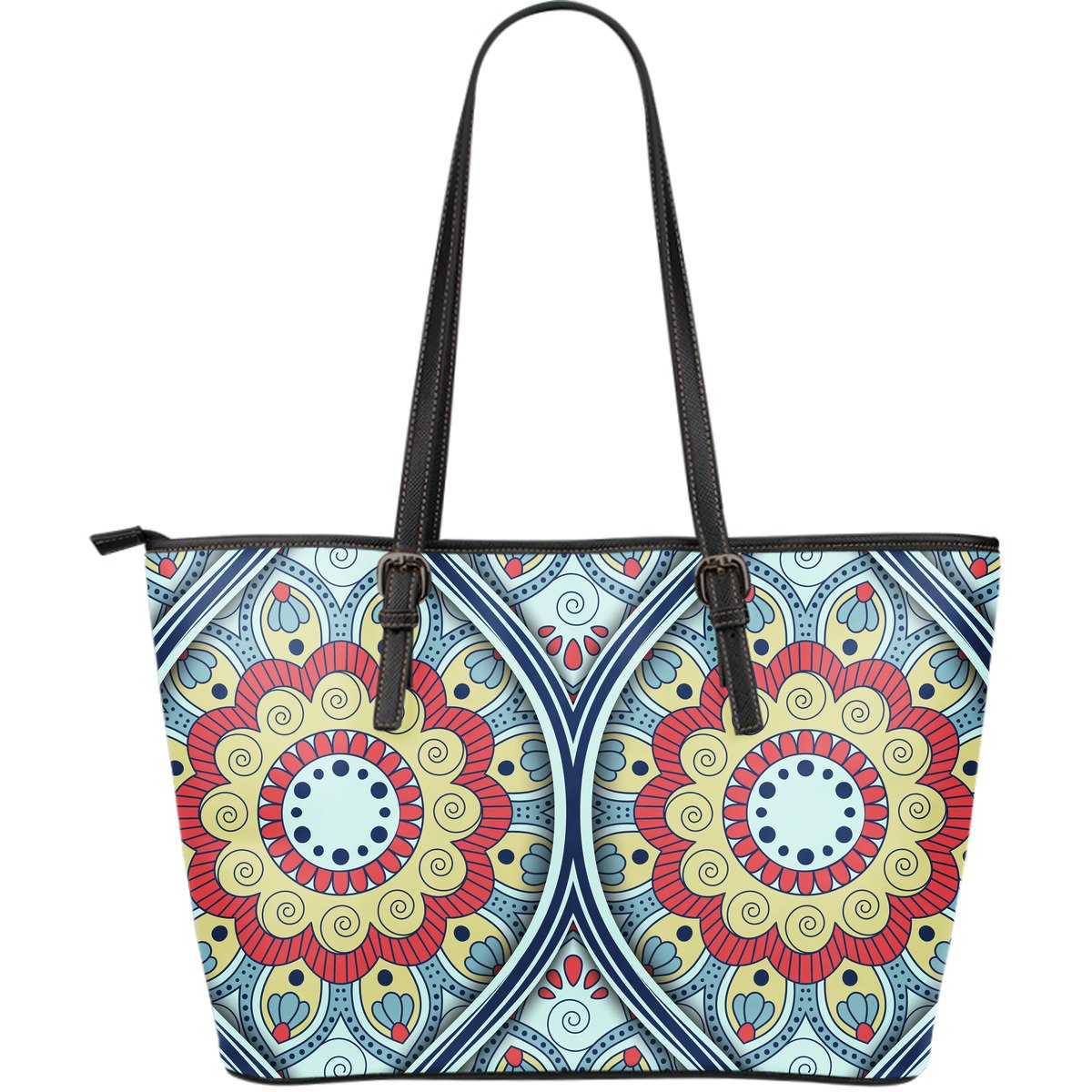 Pastel Ornament Mandala Print Leather Tote Bag