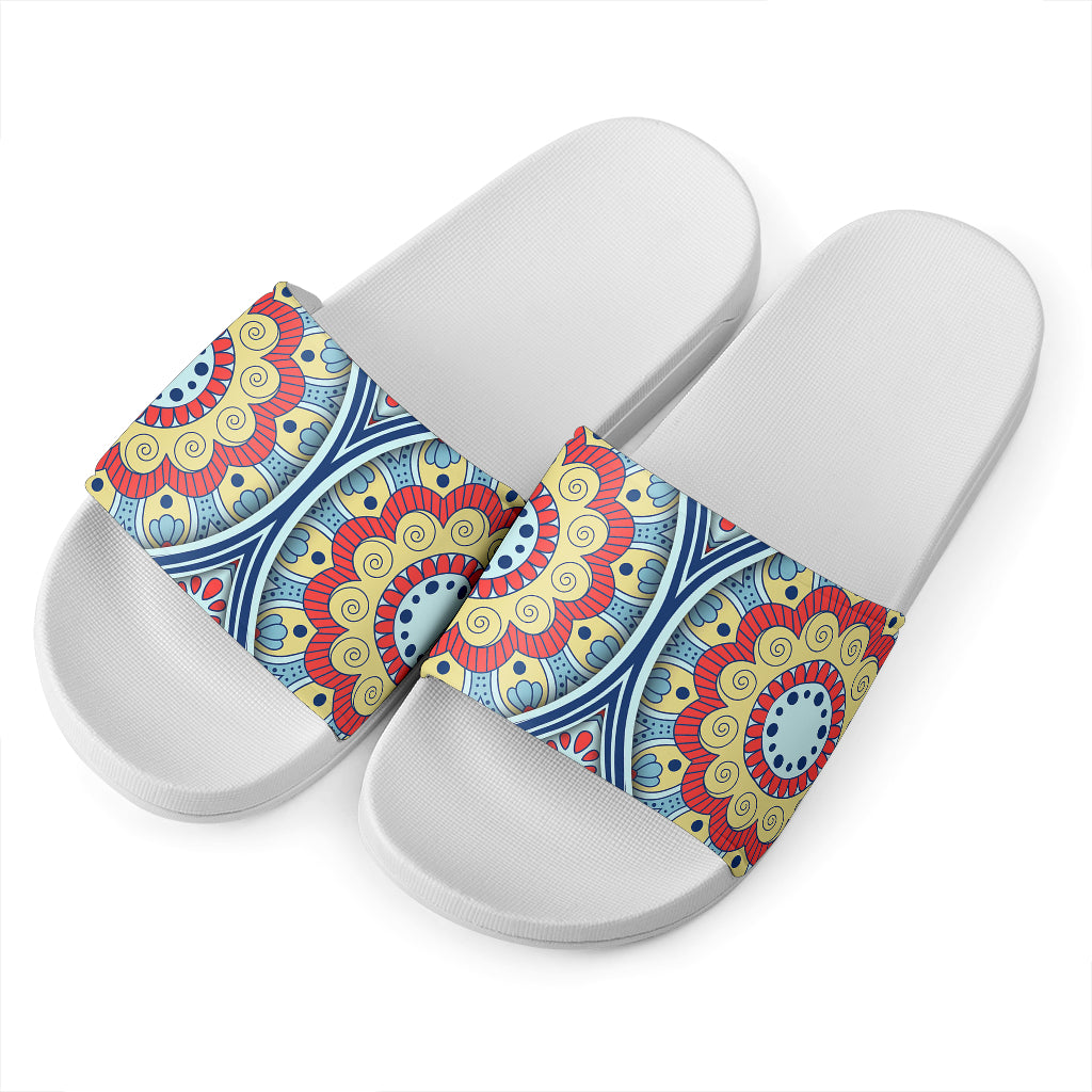 Pastel Ornament Mandala Print White Slide Sandals