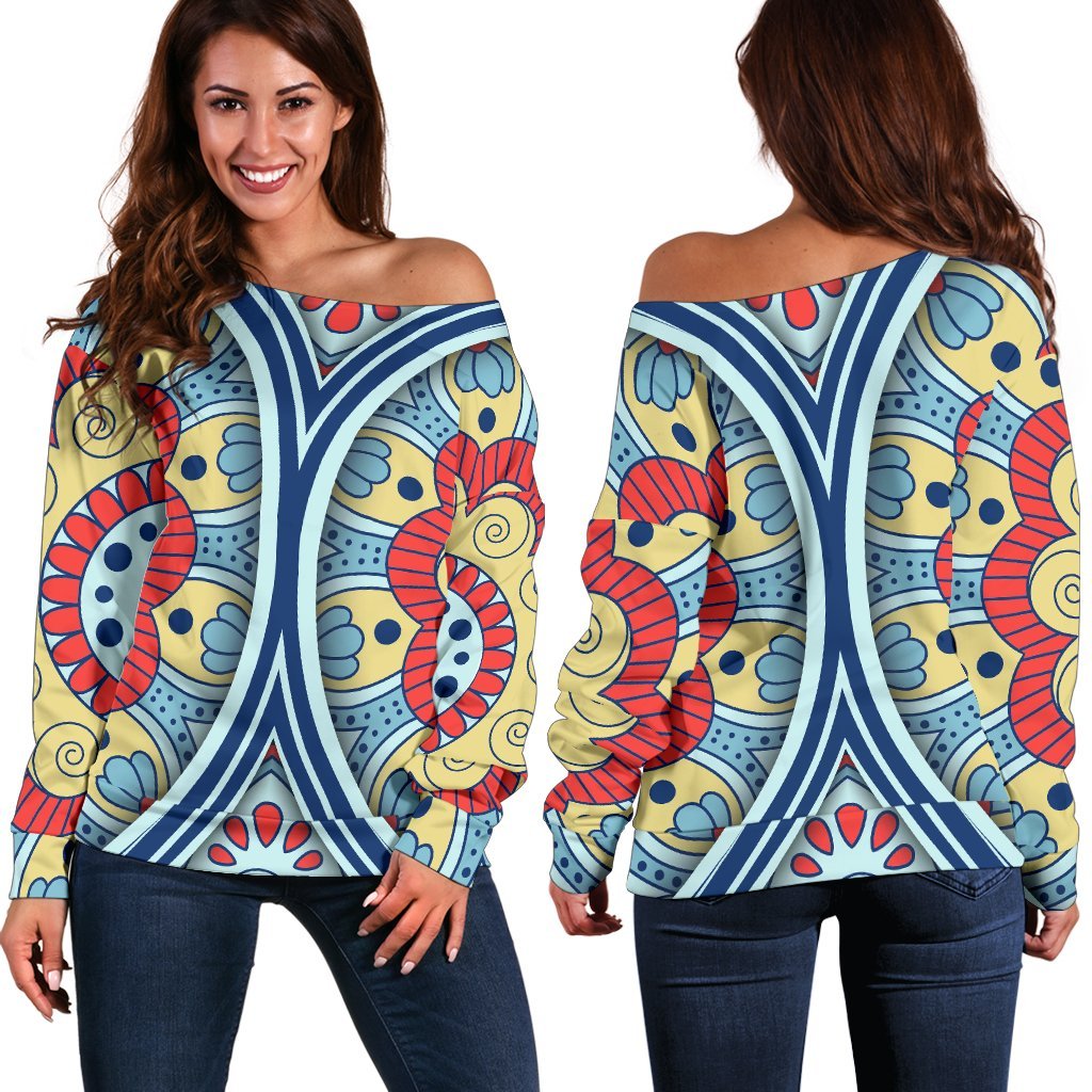 Pastel Ornament Mandala Print Women's Off-Shoulder Sweatshirt