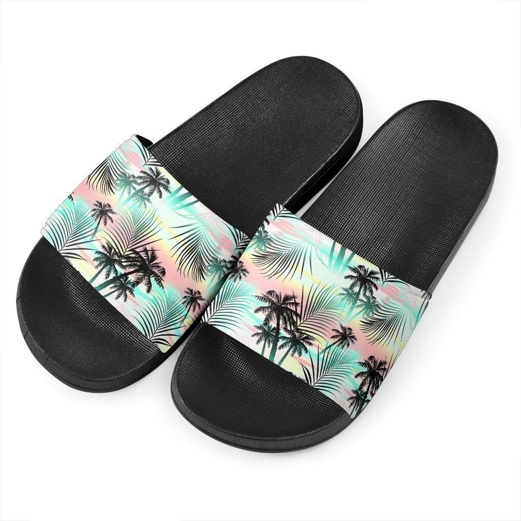 Pastel Palm Tree Pattern Print Black Slide Sandals