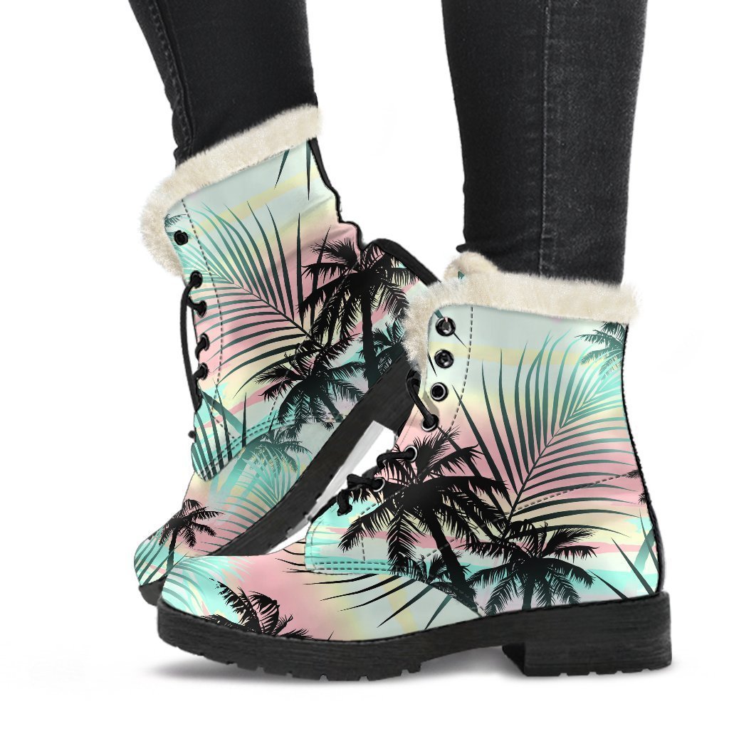 Pastel Palm Tree Pattern Print Faux Fur Leather Boots