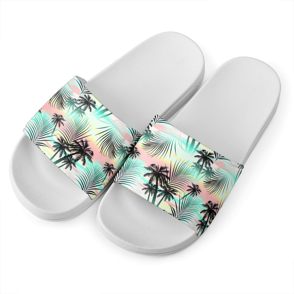 Pastel Palm Tree Pattern Print White Slide Sandals