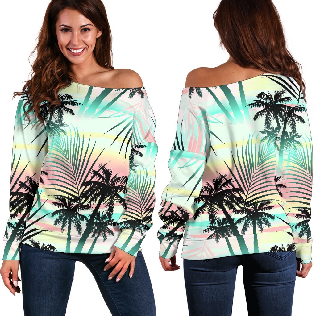 Pastel Palm Tree Pattern Print Women's Off-Shoulder Sweatshirt