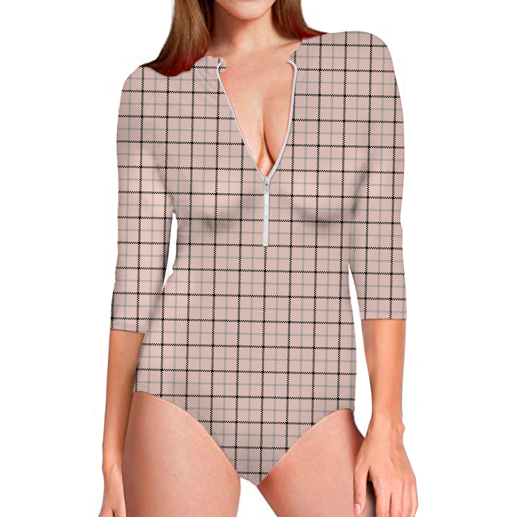 Pastel Pink And Black Tattersall Print Long Sleeve One Piece Swimsuit