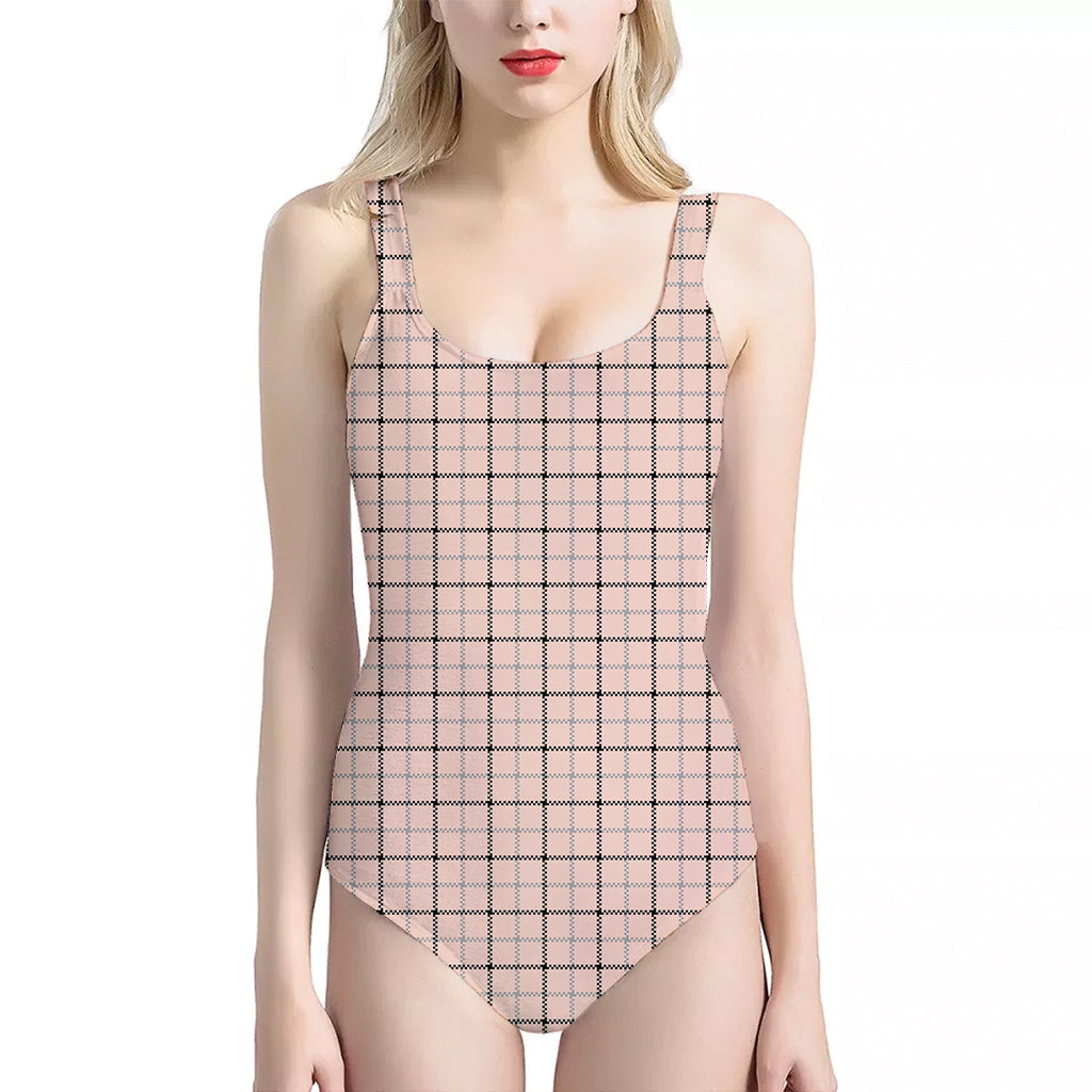 Pastel Pink And Black Tattersall Print One Piece Halter Neck Swimsuit