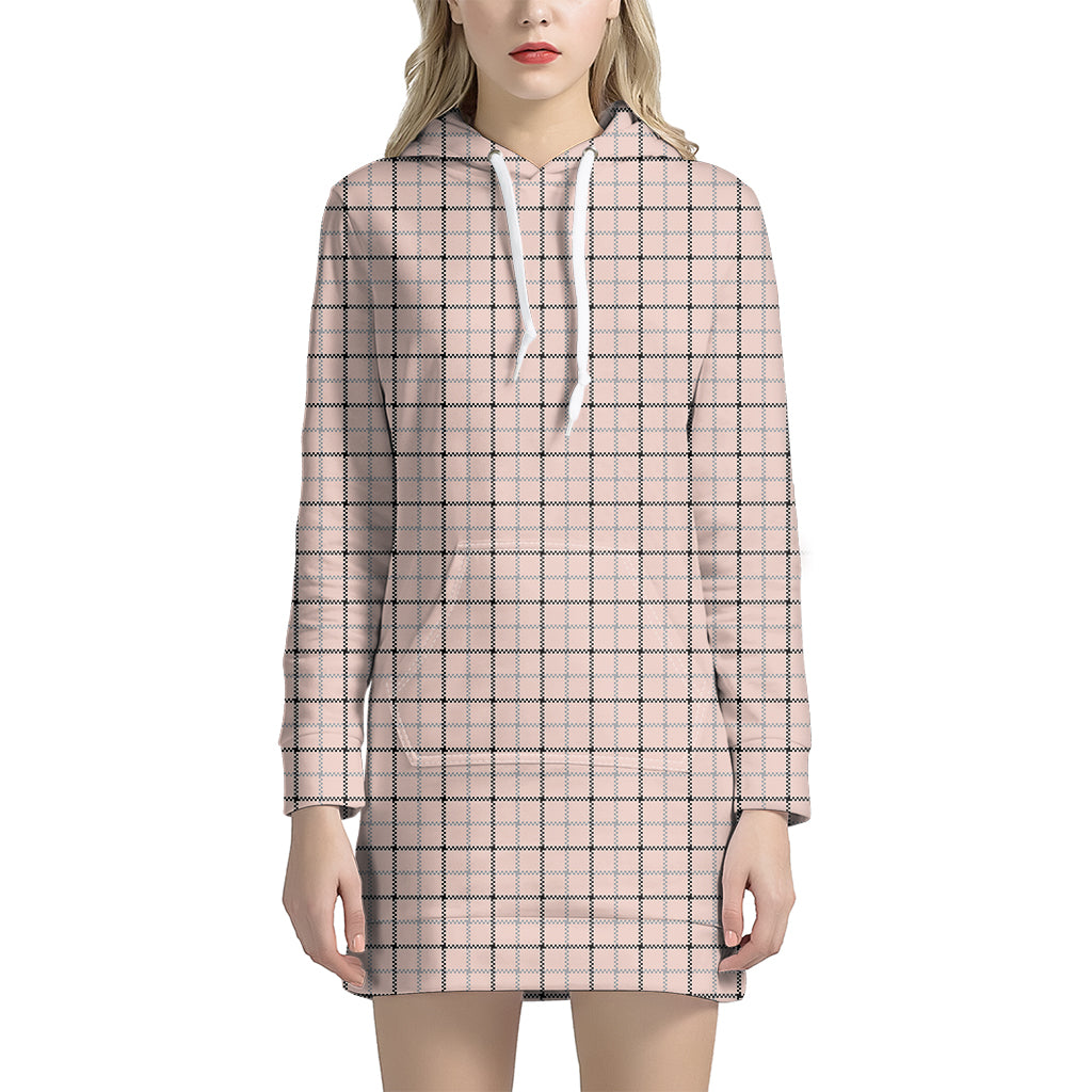 Pastel Pink And Black Tattersall Print Women's Pullover Hoodie Dress