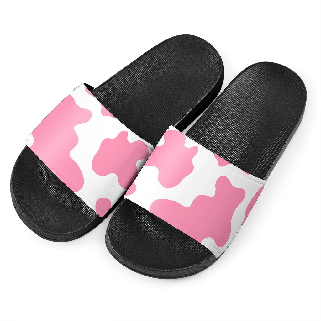 Pastel Pink And White Cow Print Black Slide Sandals