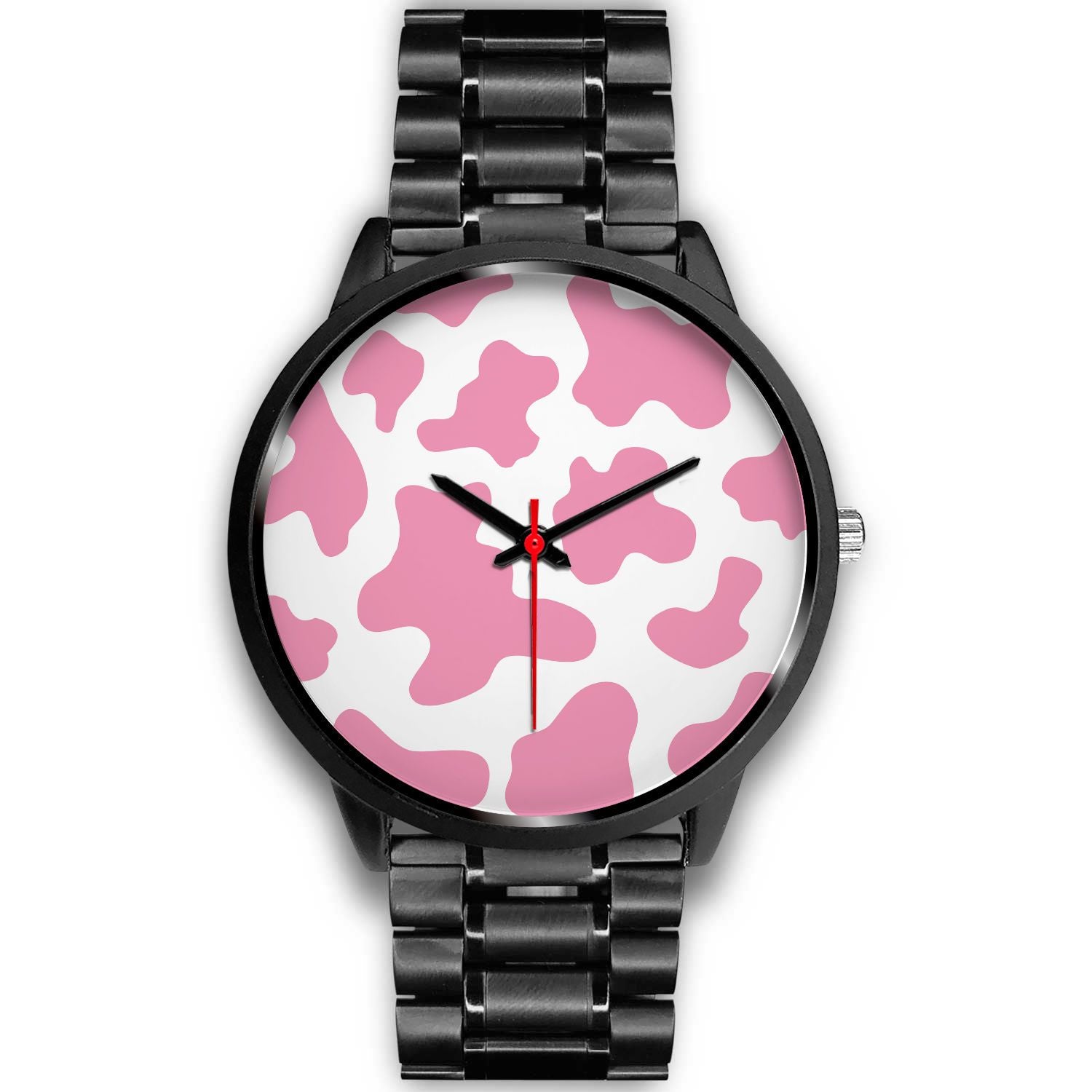 Pastel Pink And White Cow Print Black Watch