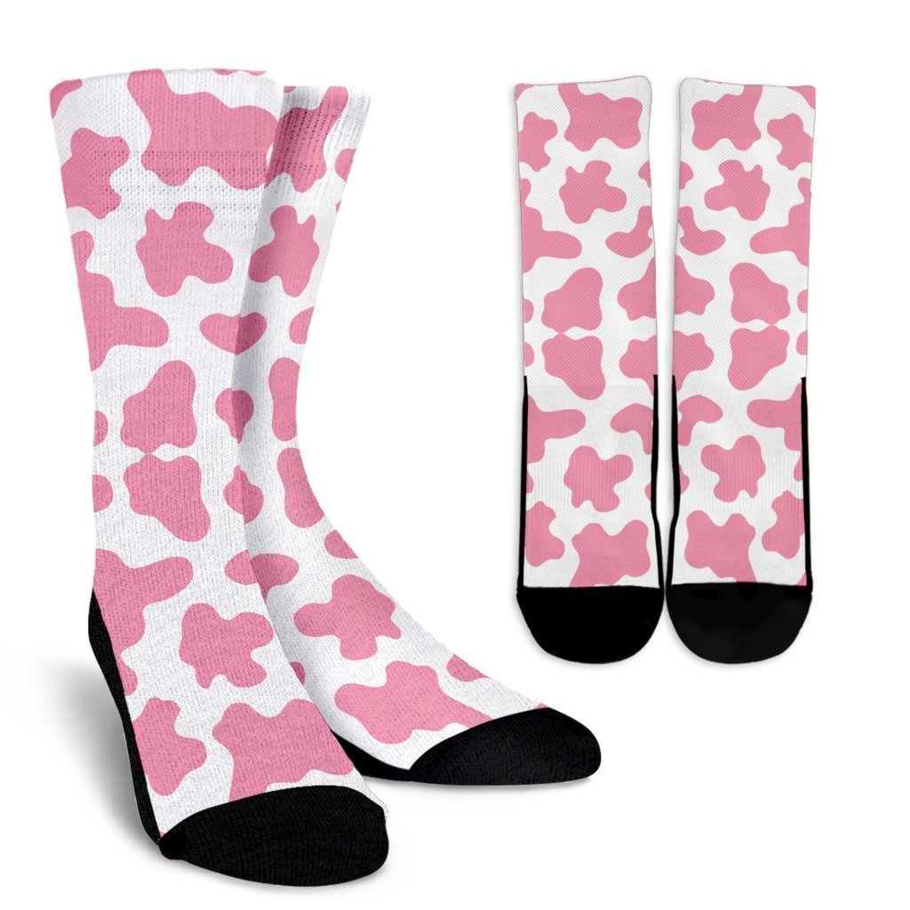 Pastel Pink And White Cow Print Crew Socks