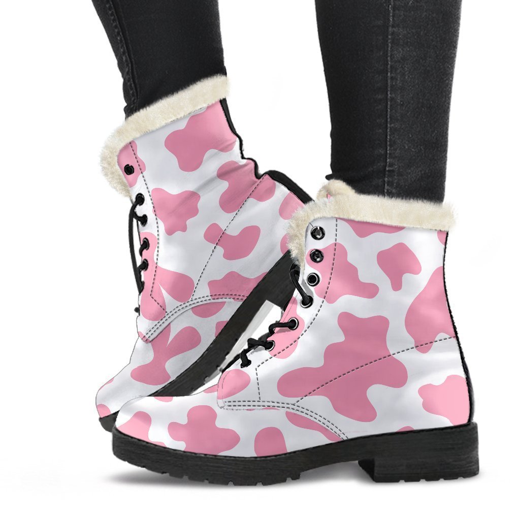 Pastel Pink And White Cow Print Faux Fur Leather Boots