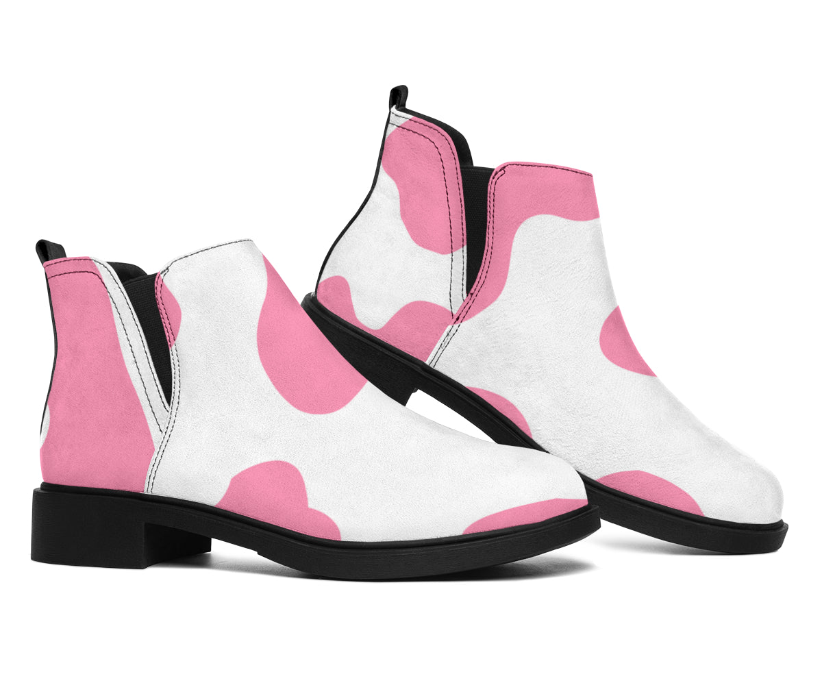 Pastel Pink And White Cow Print Flat Ankle Boots