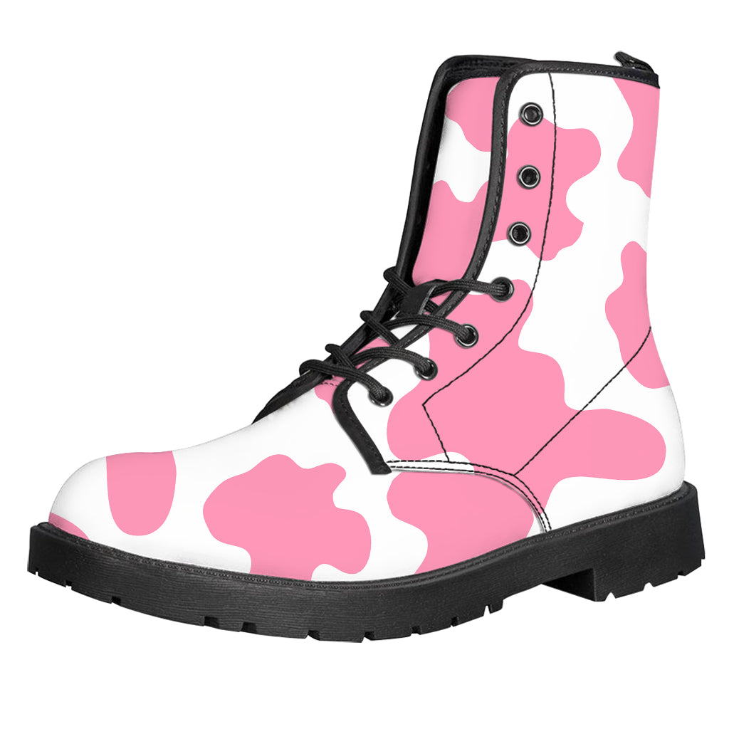 Pastel Pink And White Cow Print Leather Boots