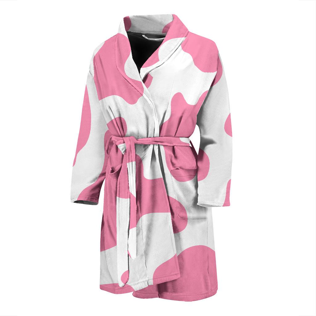 Pastel Pink And White Cow Print Men's Bathrobe