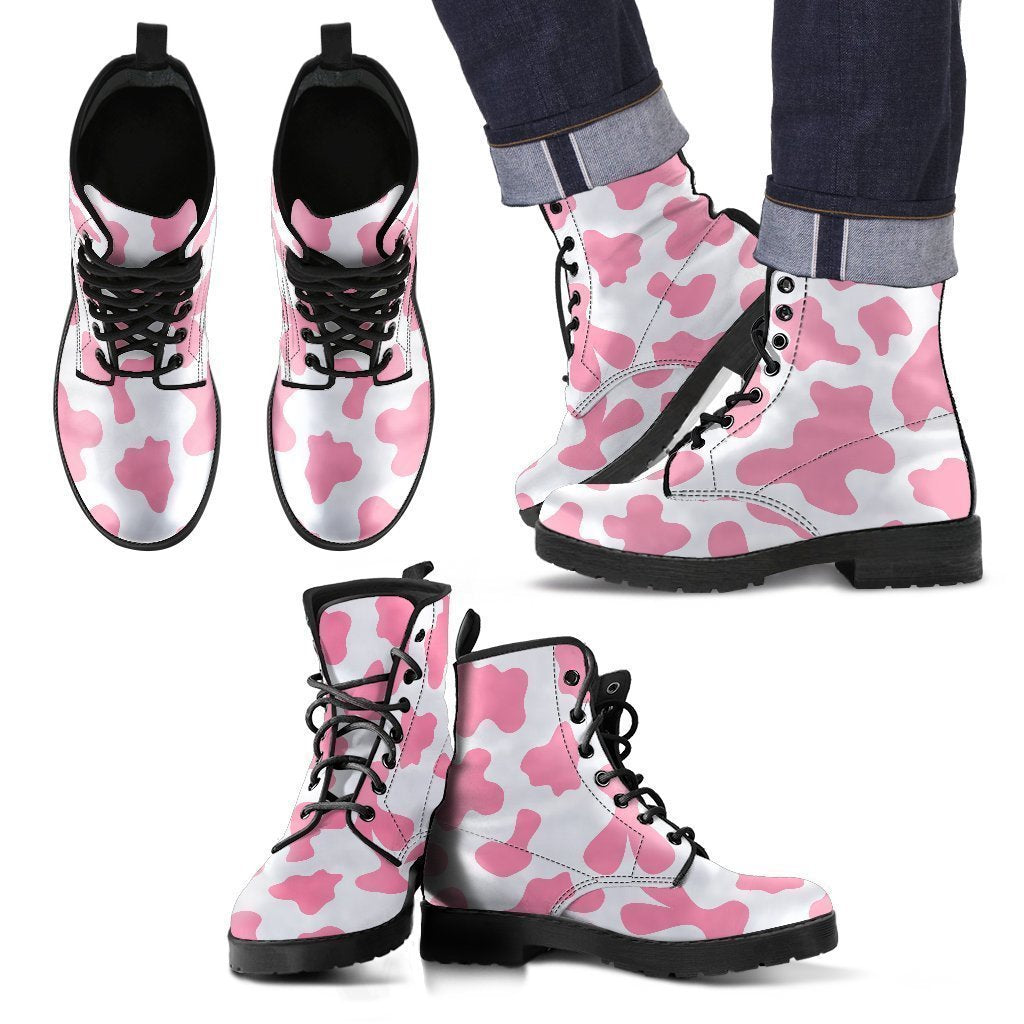 Pastel Pink And White Cow Print Men's Boots